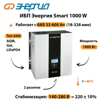 ИБП Энергия Smart 1000W - ИБП и АКБ - Энергия ИБП Smart - . Магазин оборудования для автономного и резервного электропитания Ekosolar.ru в Пензе