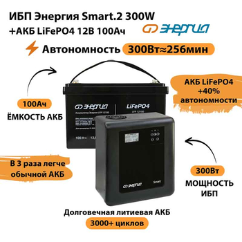 ИБП для котла Энергия Smart 2 300Вт + LiFePO4 Аккумулятор 12v 100Ah (300Вт - 256мин) - ИБП и АКБ - ИБП Энергия - ИБП для котлов отопления - . Магазин оборудования для автономного и резервного электропитания Ekosolar.ru в Пензе