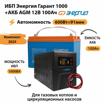 ИБП для котла Энергия Гарант 1000 + Аккумулятор 100 Ач 12 В (600Вт - 91мин) - ИБП и АКБ - ИБП для котлов - . Магазин оборудования для автономного и резервного электропитания Ekosolar.ru в Пензе