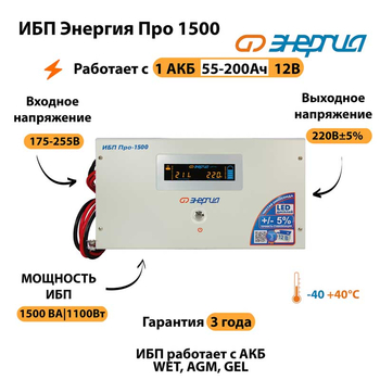 Энергия ИБП Про 1500 12В - ИБП и АКБ - ИБП для котлов - . Магазин оборудования для автономного и резервного электропитания Ekosolar.ru в Пензе