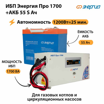 ИБП Энергия Про 1700 + Аккумулятор S 55 Ач - 12В (1200Вт - 25мин) - ИБП и АКБ - ИБП для котлов - . Магазин оборудования для автономного и резервного электропитания Ekosolar.ru в Пензе