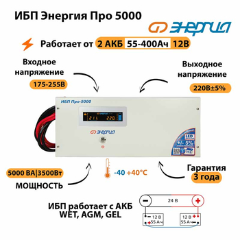 Энергия ИБП Про 5000 24В - ИБП и АКБ - ИБП для котлов - . Магазин оборудования для автономного и резервного электропитания Ekosolar.ru в Пензе