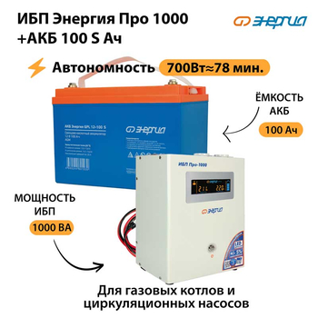 ИБП Энергия Про 1000 + Аккумулятор S 100 Ач - 12В (700Вт - 78мин) - ИБП и АКБ - ИБП для котлов - . Магазин оборудования для автономного и резервного электропитания Ekosolar.ru в Пензе