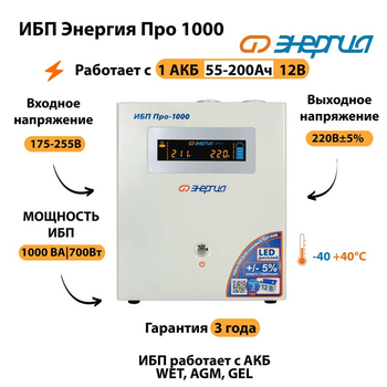 Энергия ИБП Про 1000 12В - ИБП и АКБ - ИБП для котлов - . Магазин оборудования для автономного и резервного электропитания Ekosolar.ru в Пензе