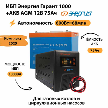 ИБП для котла Энергия Гарант 1000 + Аккумулятор 75 Ач 12 В (600Вт - 68мин) - ИБП и АКБ - ИБП для котлов - . Магазин оборудования для автономного и резервного электропитания Ekosolar.ru в Пензе