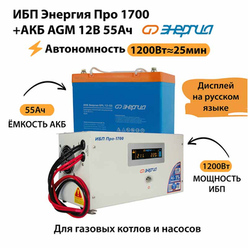 ИБП для котла Энергия Про 1700 + Аккумулятор 55 Ач 12 В (1200Вт - 25мин) - ИБП и АКБ - ИБП для котлов - . Магазин оборудования для автономного и резервного электропитания Ekosolar.ru в Пензе