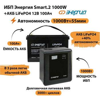 ИБП Энергия Smart.2 1000W + Аккумулятор LiFePO4 12v-100Ah (1000Вт-55мин) - ИБП и АКБ - ИБП Энергия - ИБП на 1 кВА - . Магазин оборудования для автономного и резервного электропитания Ekosolar.ru в Пензе
