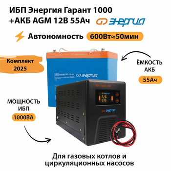 ИБП для котла Энергия Гарант 1000 + Аккумулятор 55 Ач 12 В (600Вт - 50мин) - ИБП и АКБ - ИБП для котлов - . Магазин оборудования для автономного и резервного электропитания Ekosolar.ru в Пензе