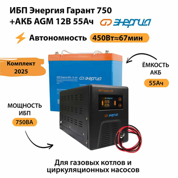 ИБП для котла Энергия Гарант 750 + Аккумулятор 55 Ач 12 В (450Вт - 67мин) - ИБП и АКБ - ИБП для котлов - . Магазин оборудования для автономного и резервного электропитания Ekosolar.ru в Пензе
