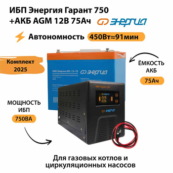 ИБП для котла Энергия Гарант 750 + Аккумулятор 75 Ач 12 В (450Вт - 91мин) - ИБП и АКБ - ИБП для котлов - . Магазин оборудования для автономного и резервного электропитания Ekosolar.ru в Пензе