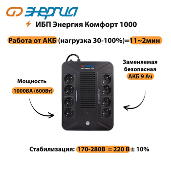 ИБП Комфорт 1000 Энергия - ИБП и АКБ - ИБП для компьютера - . Магазин оборудования для автономного и резервного электропитания Ekosolar.ru в Пензе