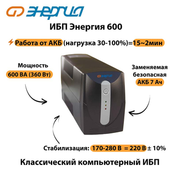 Энергия ИБП 600 - ИБП и АКБ - ИБП для компьютера - . Магазин оборудования для автономного и резервного электропитания Ekosolar.ru в Пензе